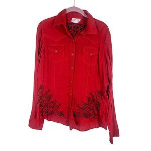 Retro Western Pearl Snap L Red Floral Embroidery Cowgirl Country Farm Metallic
